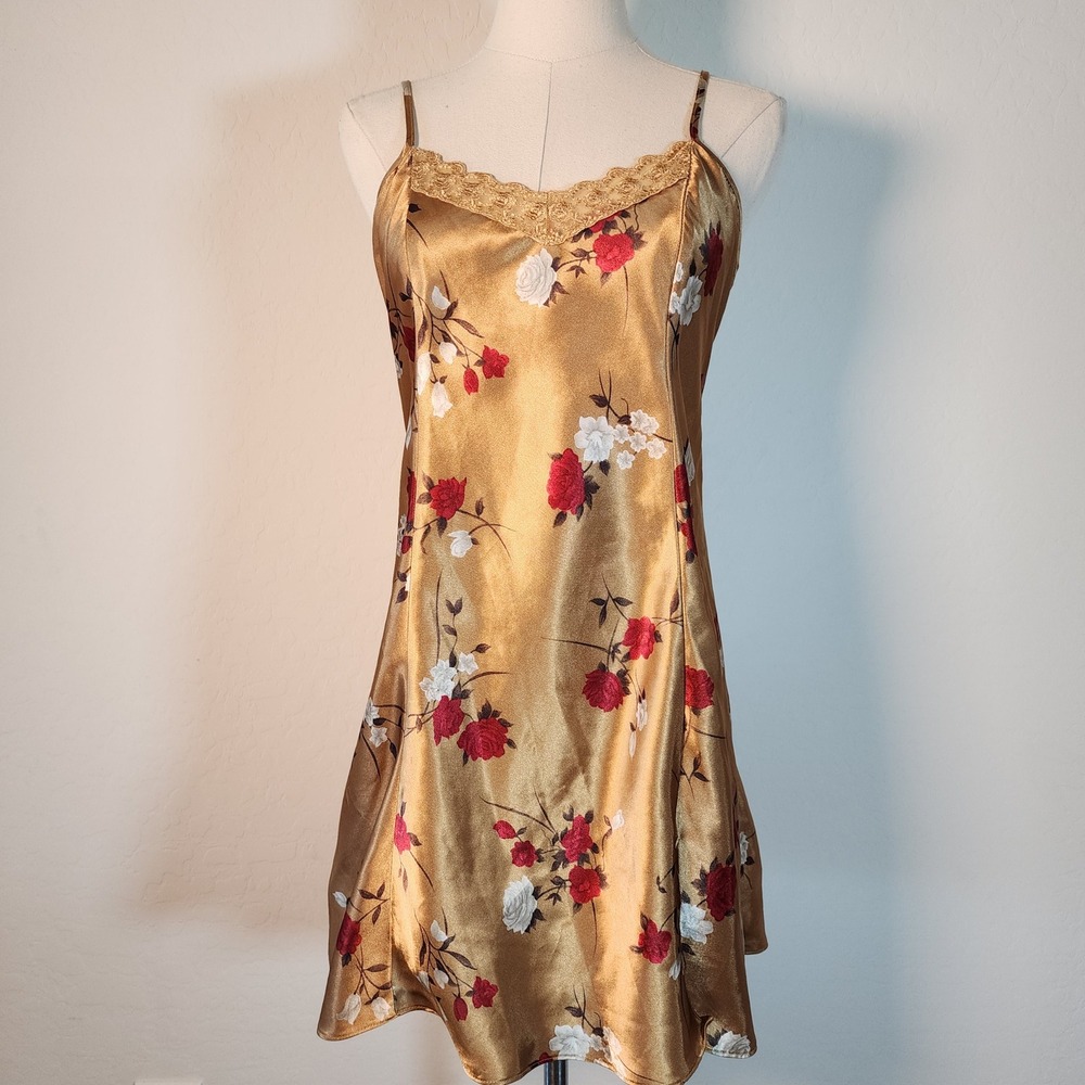Private Luxuries Gold Floral Lace Trim Slip Dress - Women's Size M